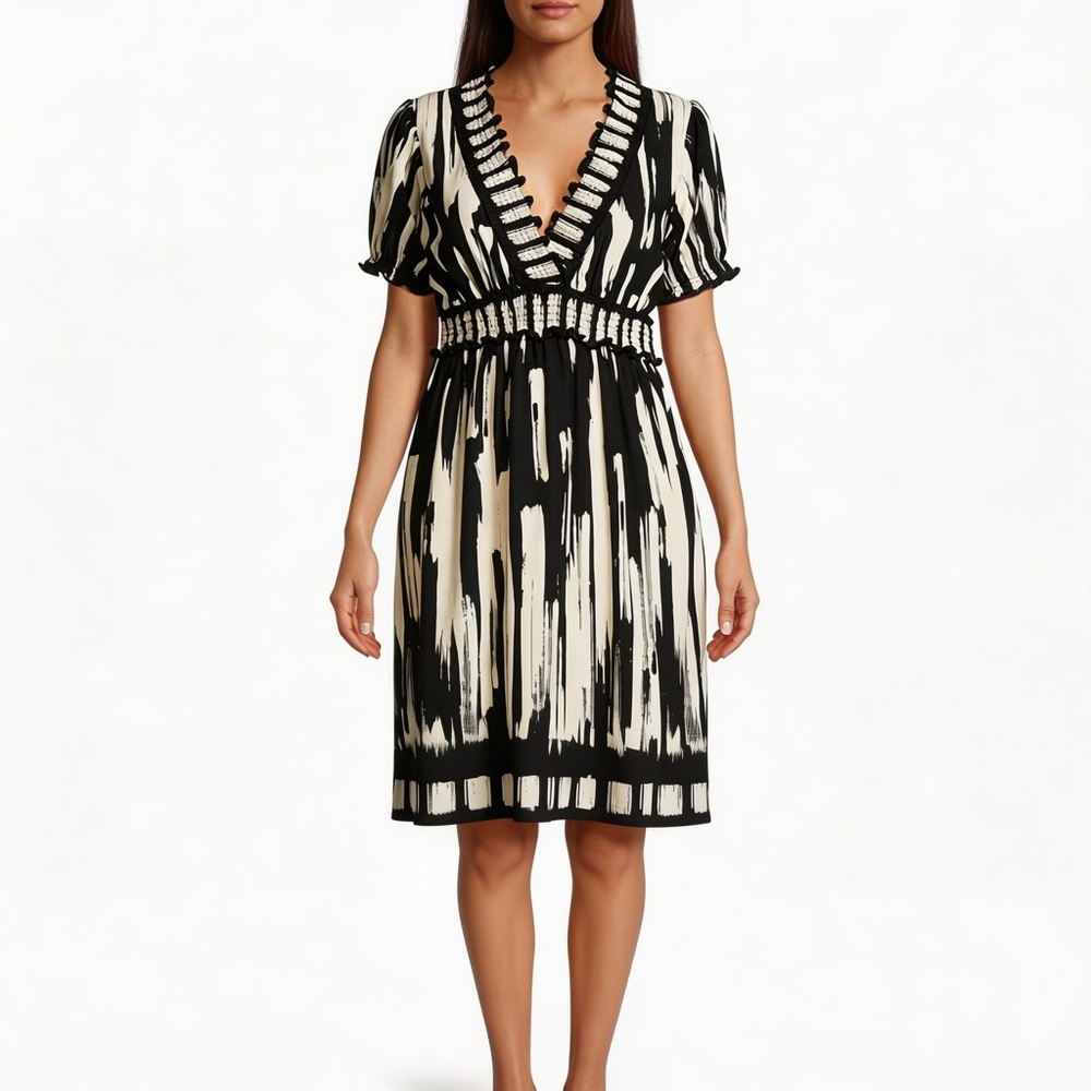 En Focus Black White Dress Print V Neck elastic waist sz 12 short sleeve spandex